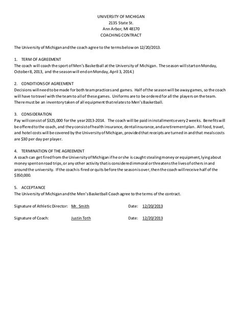 Player Coach Contract Template Tutoreorg Master Of Documents