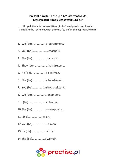 Present Simple „to Be Verb” Affirmative A1 Practise