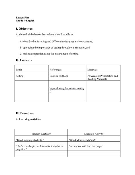 Detailed Lesson Plan Lesson Plan Grade 7 English I Objectives At The End Of The Lesson The