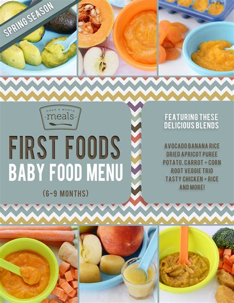 Now you can start to chop up soft food into start to give your baby solid foods at 6 months of age, just as a breastfed baby would need. First Foods 6-9+ Months Spring Baby Food Meal Plan | Once ...