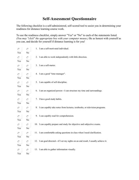 Sample Of Self Assessment Questionnaire Download Table Gambaran