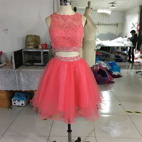 Real Photo Coral Homecoming Dresses Short Two Piece Prom Dress Beaded
