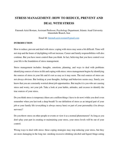 Pdf Stress Management How To Reduce Prevent And Deal With Stress