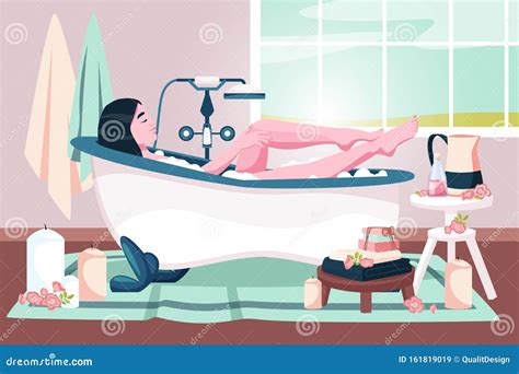 Relaxed Woman Takes A Bath With Foam Vector Flat Cartoon Illustration Bathing Time And Home