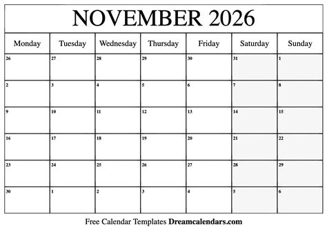 November 2026 Calendar Free Blank Printable With Holidays