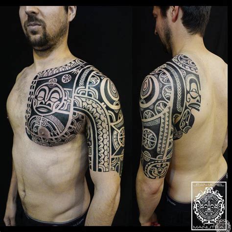Polynesian Style Half Sleeve And Chest Tattoo
