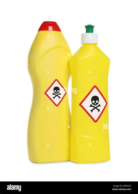Bottles Of Toxic Household Chemicals With Warning Signs On White