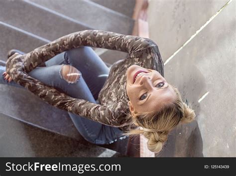 Blonde Girl Sitting On Stairs Free Stock Images And Photos 125143439