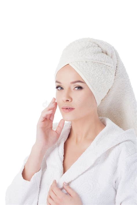 Beauty Treatments After The Bath Portrait Of A Young Beautiful Woman In A Terry Robe And With A