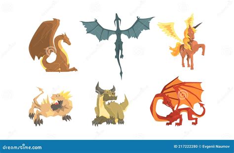Fantastic Creatures With Fire Breathing Dragon And Pegasus Vector Set