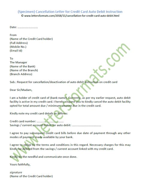 You can cancel the direct debit instruction by writing to your bank in good time or alternatively you may contact us by telephone at 01 6685500 or outside ireland +353 1 6685500. Cancellation Letter for Credit Card Auto Debit Instruction Sample