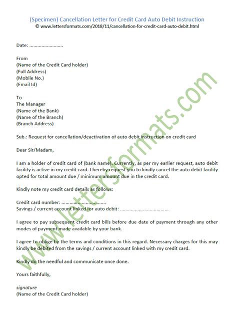 Some lenders will reinstate the account, although you may be subject to a credit check. Cancellation Letter for Credit Card Auto Debit Instruction Sample