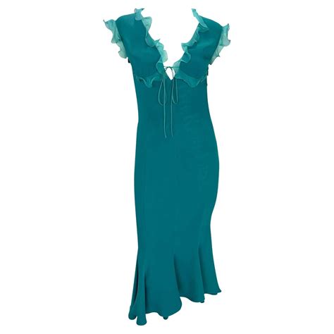 Early 2000s Emanuel Ungaro Turquoise Ruffle Midi Dress For Sale At