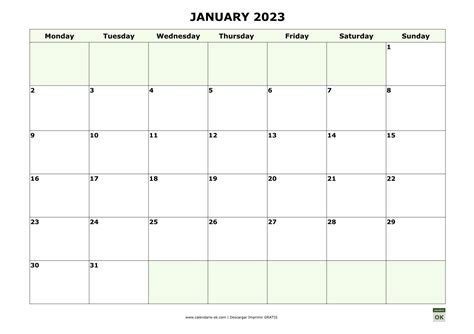 Plantilla Calendario 【enero 2023】 Para Imprimir Pdf