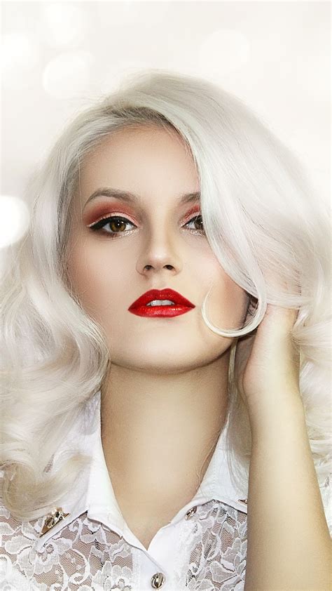 Download White Hair Beautiful Woman Makeup 1080x1920 Wallpaper