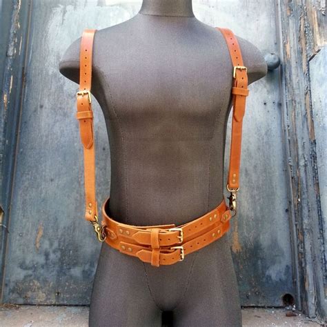 Steampunk Tan Brown Leather Suspender Harness W Antique Brass Etsy
