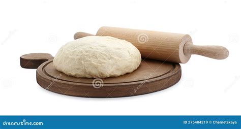 Fresh Yeast Dough And Wooden Rolling Pin Isolated On White Stock Image