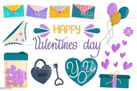 Vector Set Of Elements For February 14 Valentines Day Isolated On A
