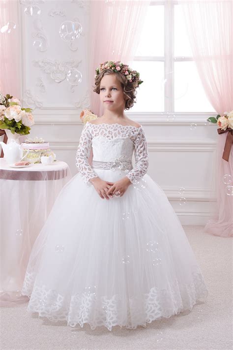 Long Sleeve Lace White Flower Girls Dresses For Weddings Party Tulle