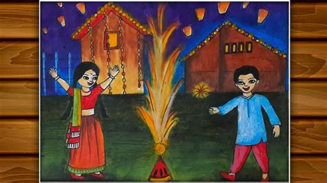 Diwali Scene Drawing Step By Step For Beginners Diwali Drawing Easy