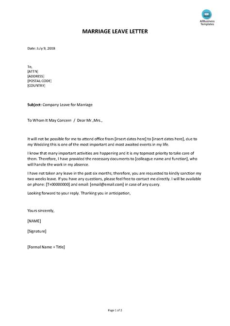 Maybe you would like to learn more about one of these? Paid Marriage Leave Letter | Templates at ...