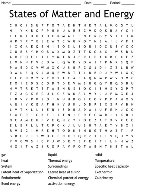 States Of Matter And Energy Word Search Wordmint