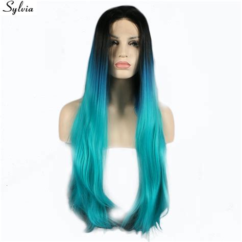 Sylvia Straight Black Teal Blue Synthetic Lace Front Wigs Ombre
