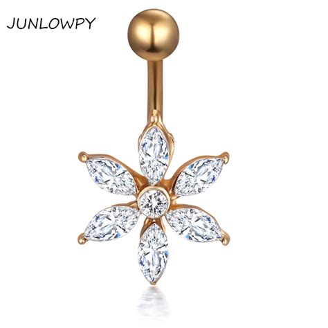 Junlowpy 20pcs Navel Piercing Belly Button Ring Jeweled 5 Zircon Flower
