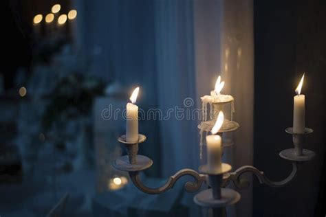 Vintage Candlestick With Burning Candles Stock Image Image Of Brass