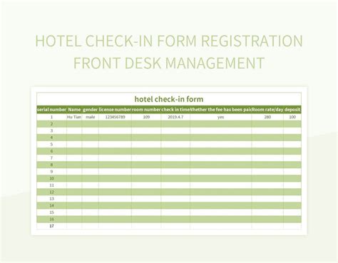 Hotel Check In Form Registration Front Desk Management Excel Template