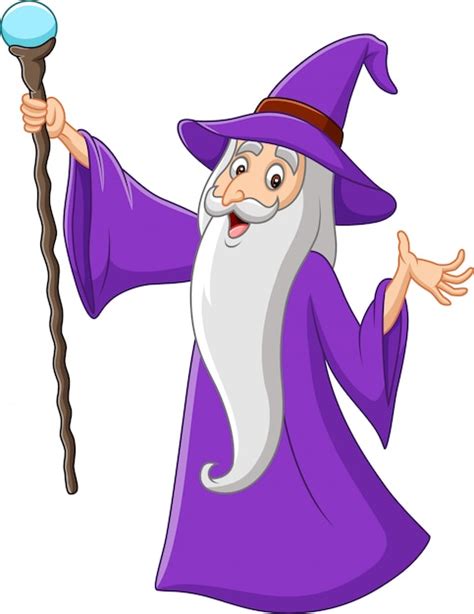 Cartoon Old Wizard Holding Magic Stick Premium Vector