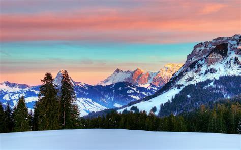 Switzerland The Alps Winter Red Sky Clouds Snow Forest Wallpaper