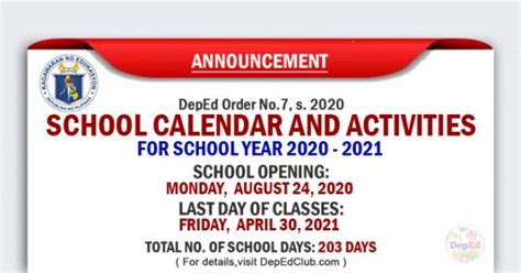 Deped School Calendar And Activities For School Year 2020 2021