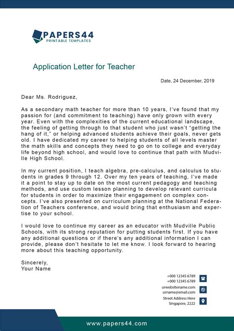 Teacher college sample application letter. Application Letters Professional PDF Templates
