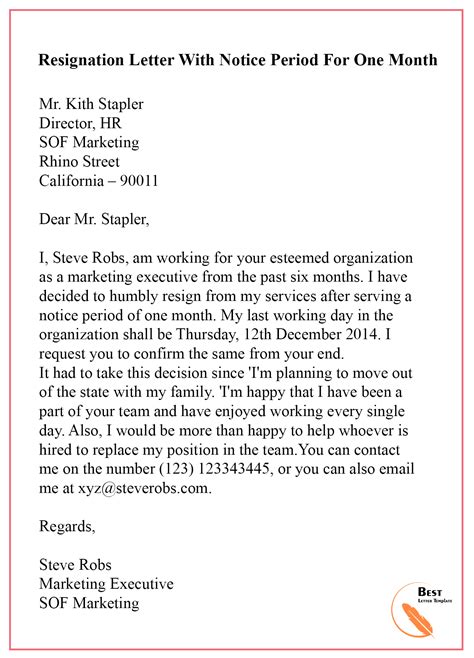 1 Month Notice Resignation Letter Template