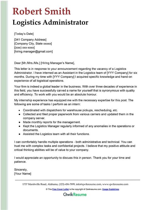 Logistics Administrator Cover Letter Examples Qwikresume