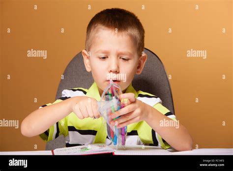 Little Boy Child Drawing With Color Pencils Stock Photo Alamy