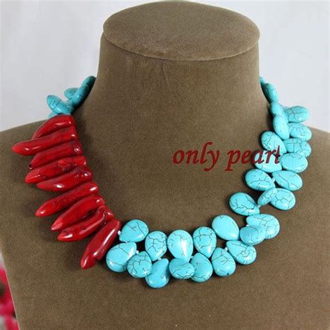 Free Shipping Green Turquoise Necklace And Coral By Onlypearl