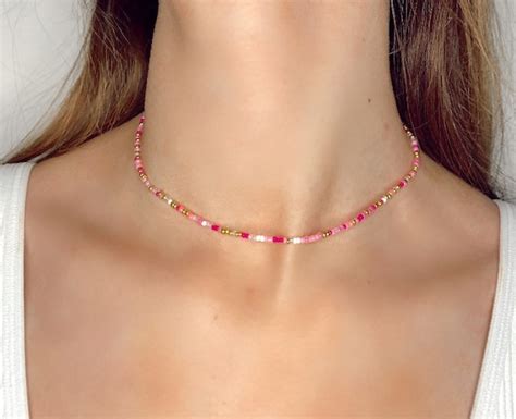 Pink And Gold Preppy Seed Bead Necklace Etsy