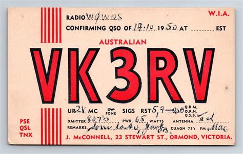 Vintage Ham Radio Cb Amateur Qsl Qso Postcard Vk3rv Australia 1950 Ebay
