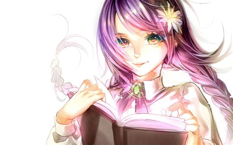 Sometimes the eyes completely disappear when a character bows their head in sadness or depression. Anime girl purple hair green eyes with flower and book ...