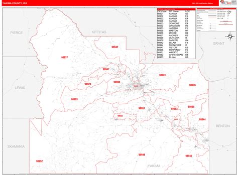 Yakima County, WA Zip Code Wall Map Red Line Style by MarketMAPS - MapSales