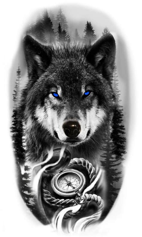 A Wolf With Blue Eyes Standing In Front Of Trees And A Compass On His Chest