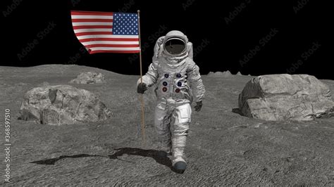 Astronaut Walking On The Moon With American Flag Cg Animation Some