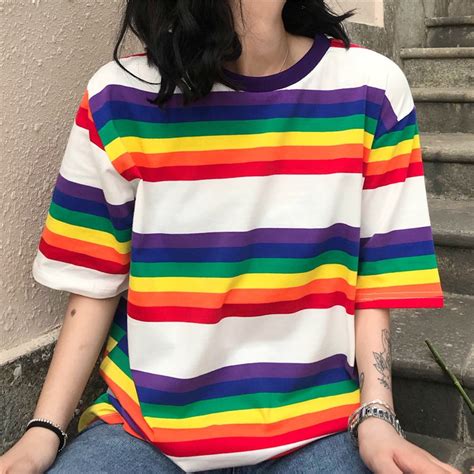 2018 Girls Fashion Female Rainbow Stripe Print T Shirt Korean Kawaii
