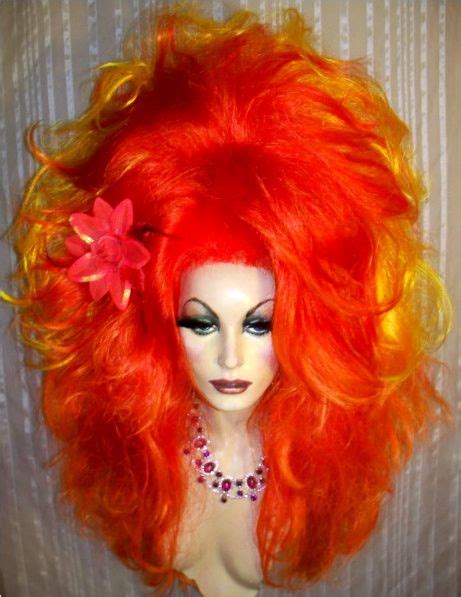 Drag Queen Wig Big Double Orange To Yellow Flame Long Tall Curls Teased