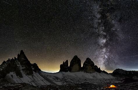 Loneley Camper Under Milky Way At The Dolomites Stock Photo Download