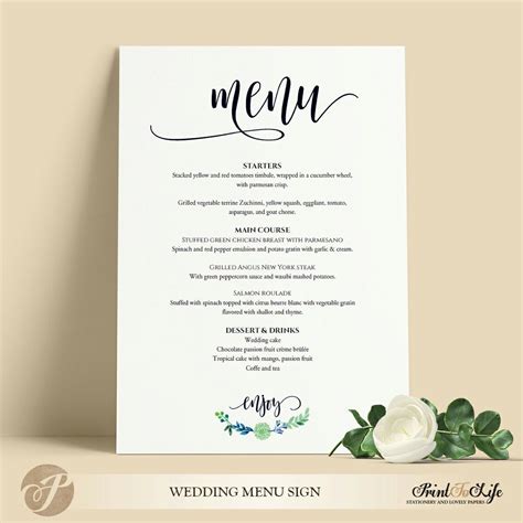 Wedding Menu Sign Wedding Menu Board Printable Greenery Etsy
