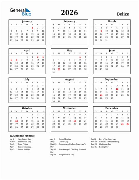 Free Printable 2026 Belize Holiday Calendar