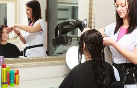 Hairstylist Cutting Hair Of Woman Client In Salon Stock Image Image